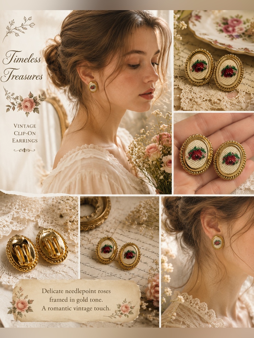 ✨ Vintage Petit Point Rose Clip-On Earrings ✨